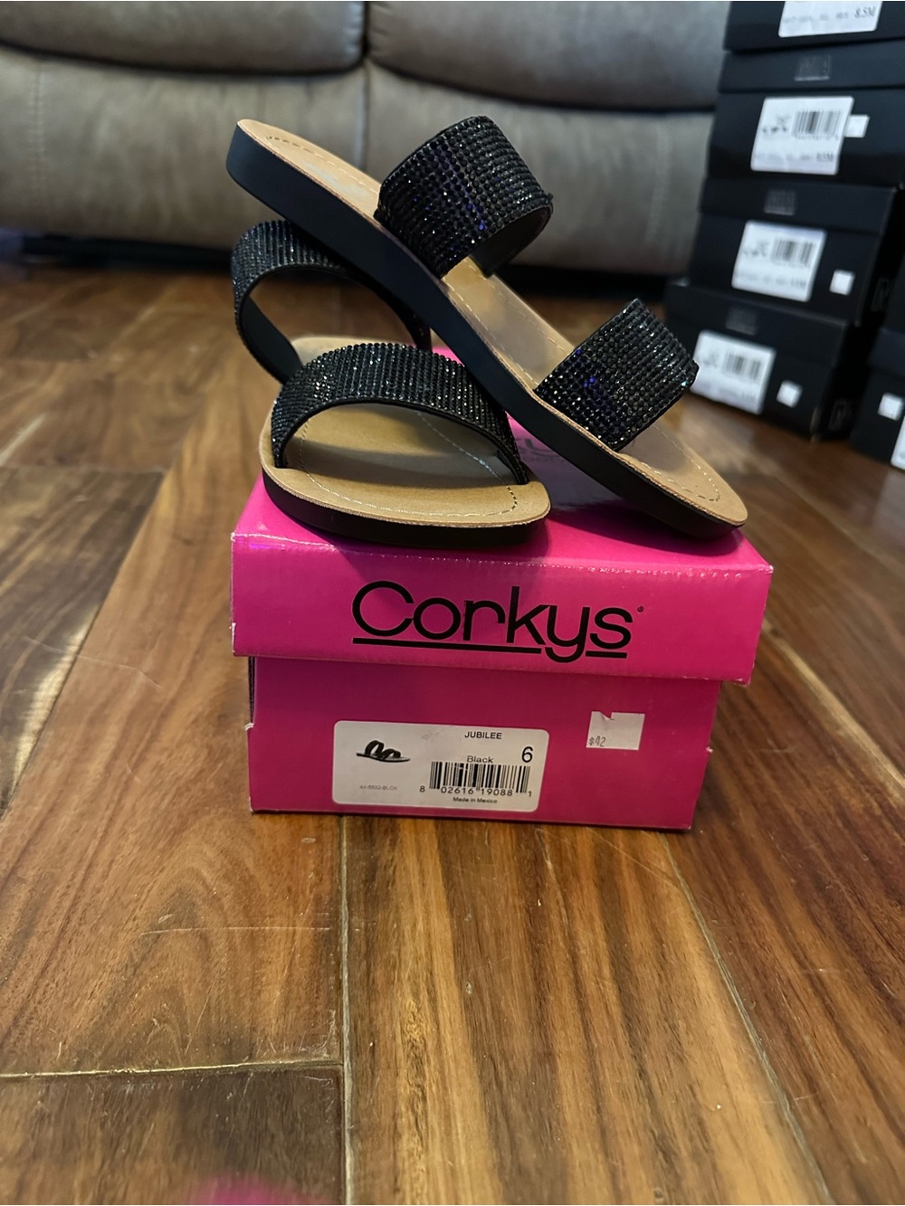 Corkys Black Jeweled Double-Strap Slide Sandal- New In Box